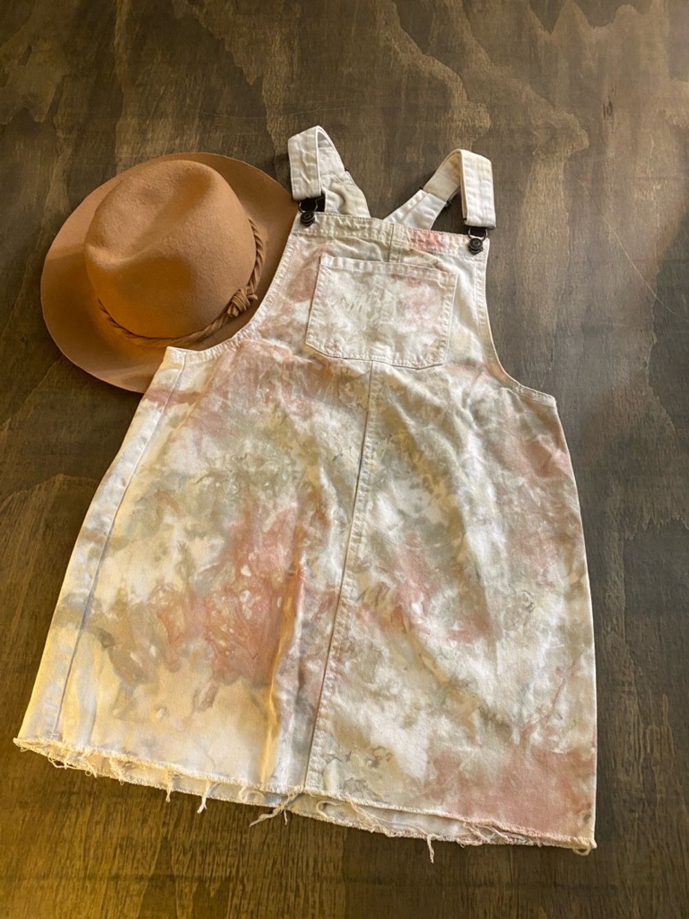 Wild Fable Tie-Dye Denim Overall Dress in Pastel Pink and Cream